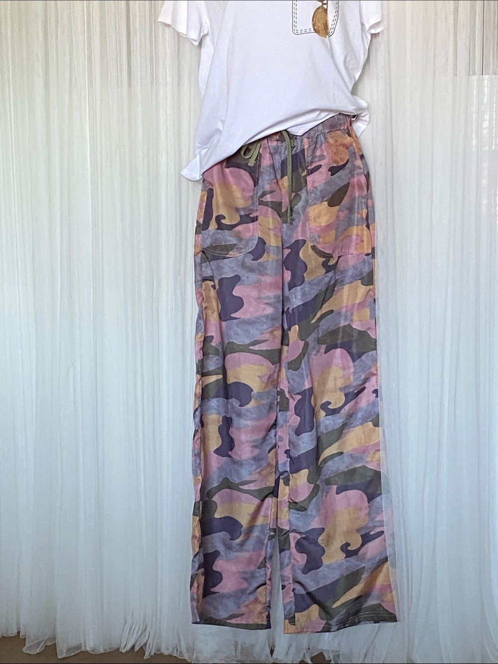 Almost Famous Nylon Camouflage Wide Leg Pants Pockets Elastic Waistband Small
